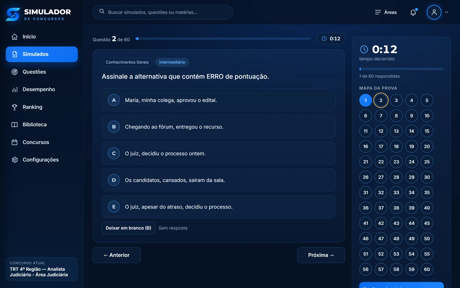Tela de uma prova em andamento no Simulador, com o mapa de questões e o cronômetro