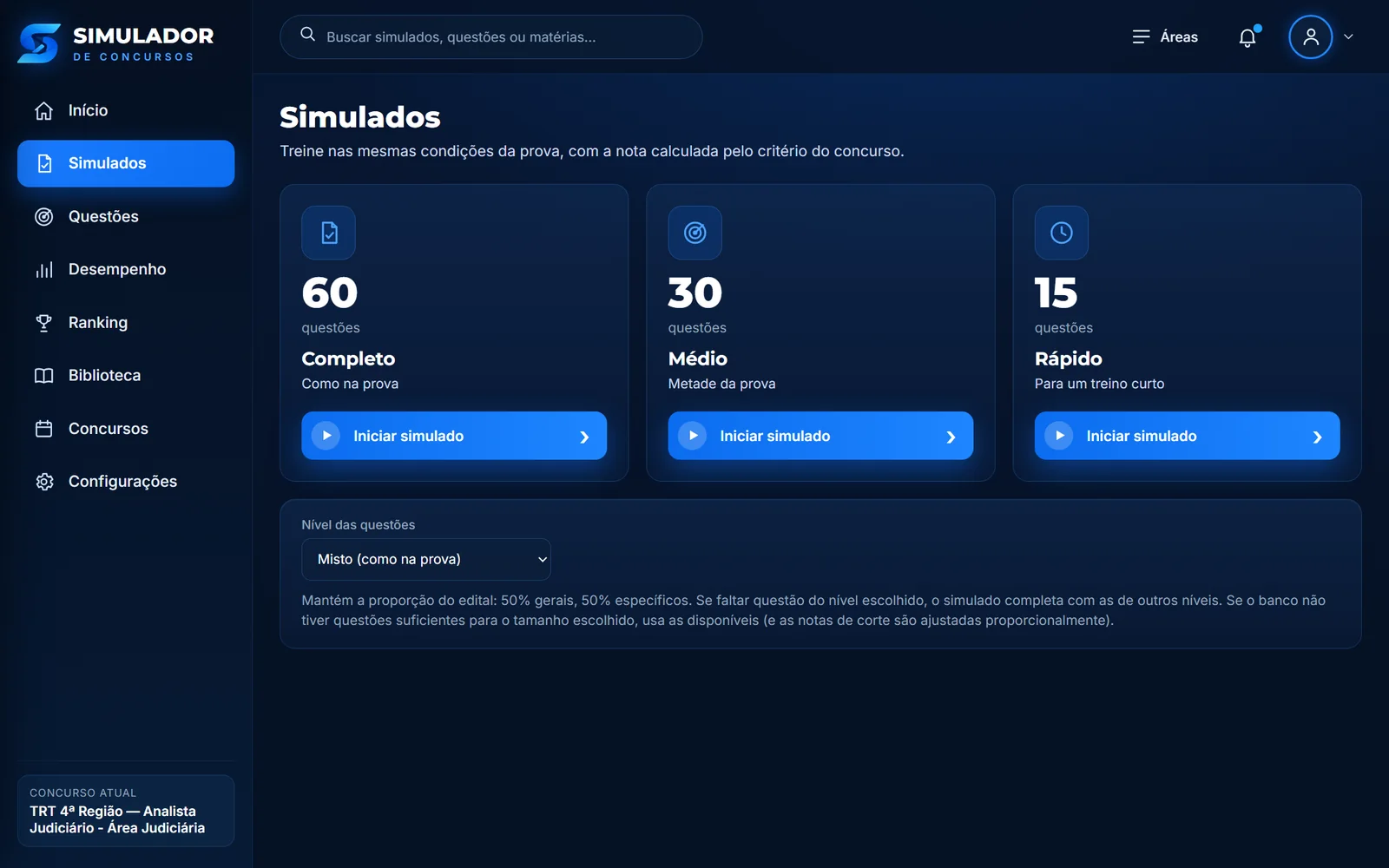 Tela de escolha do tamanho do simulado